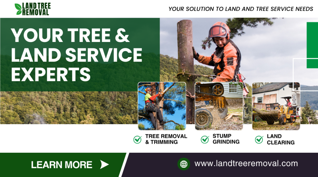 Informational graphic for Land Tree Removal - Your Tree and Land Service Experts. Specialize in Tree Removal and Trimming, Stump Grinding, and Land Clearing